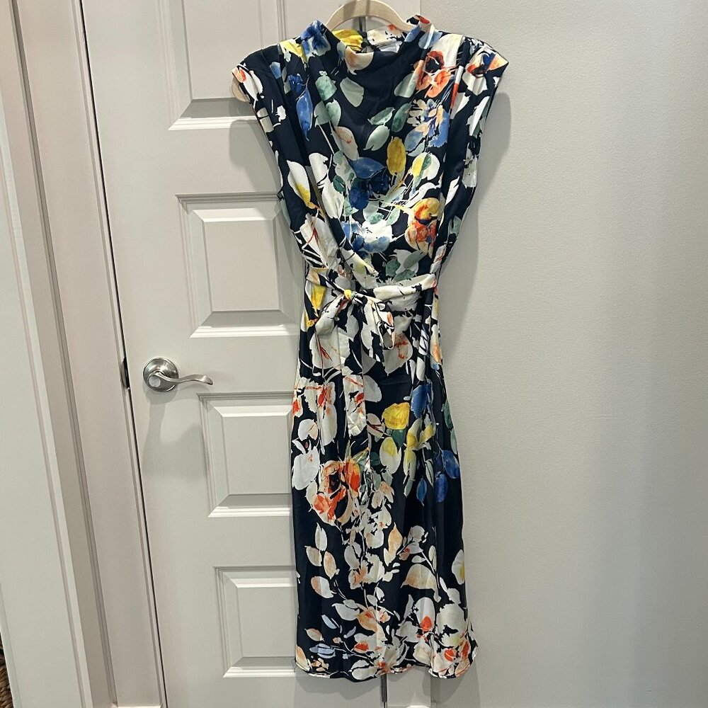 glam Navy Floral Midi Dress with Yellow, Blue & Orange Accents
